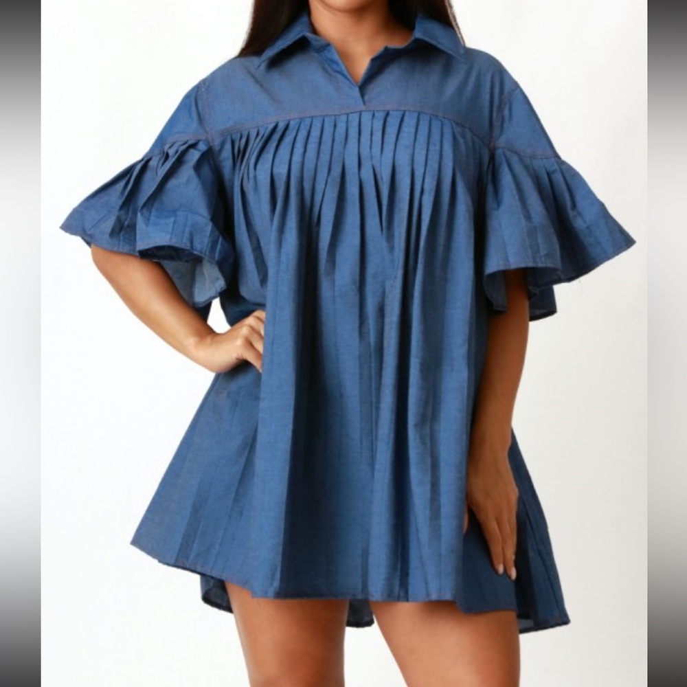 ❤️ 5 for $25❤️ NWOT Blue Ruffle Sleeve Dress - Picture 3 of 6
